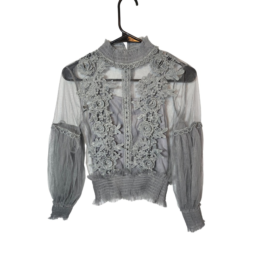 Floral Lace Mesh Mock Neck Blouse Sheer Lantern Sleeve Smocked Top Grey Blue S